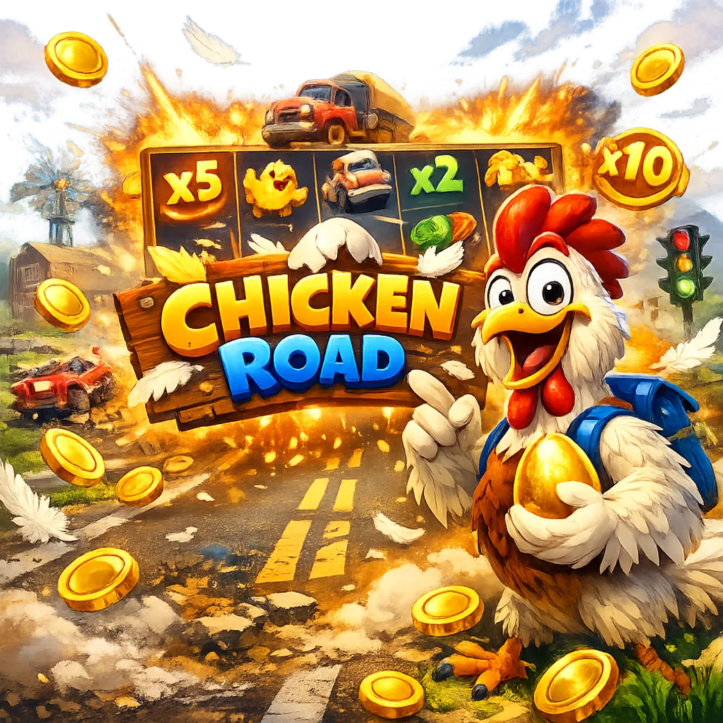 Dynamic Chicken Road game promo with funny chicken, road lanes, and coins
