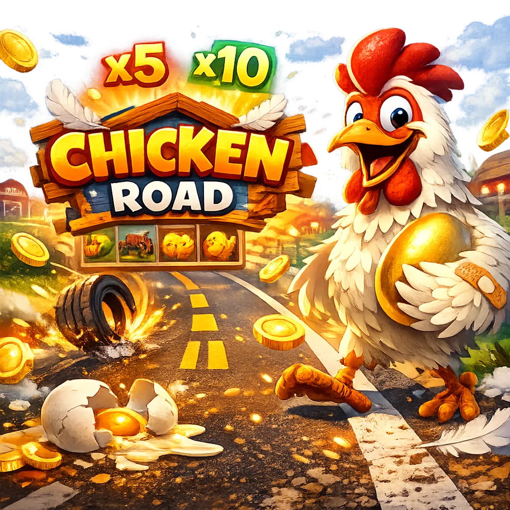 Colorful promo image for Chicken Road game featuring a funny chicken crossing road lanes with eggs and playful energy