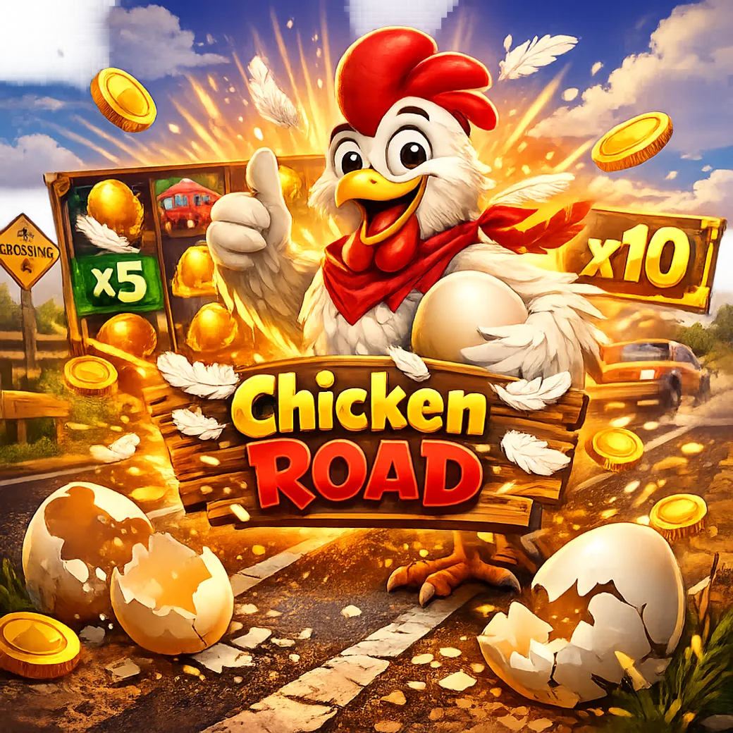 Bright, dynamic promotional image featuring a funny chicken, road lanes, eggs, feathers, and coins with playful danger and en