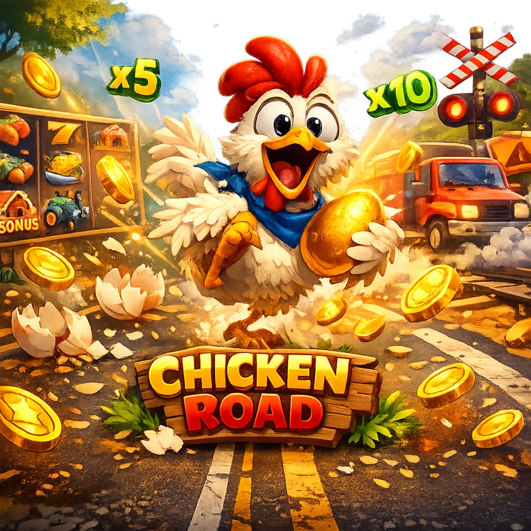 Promotional image of Chicken Road slot with funny chicken, road lanes, eggs, feathers, and coins.