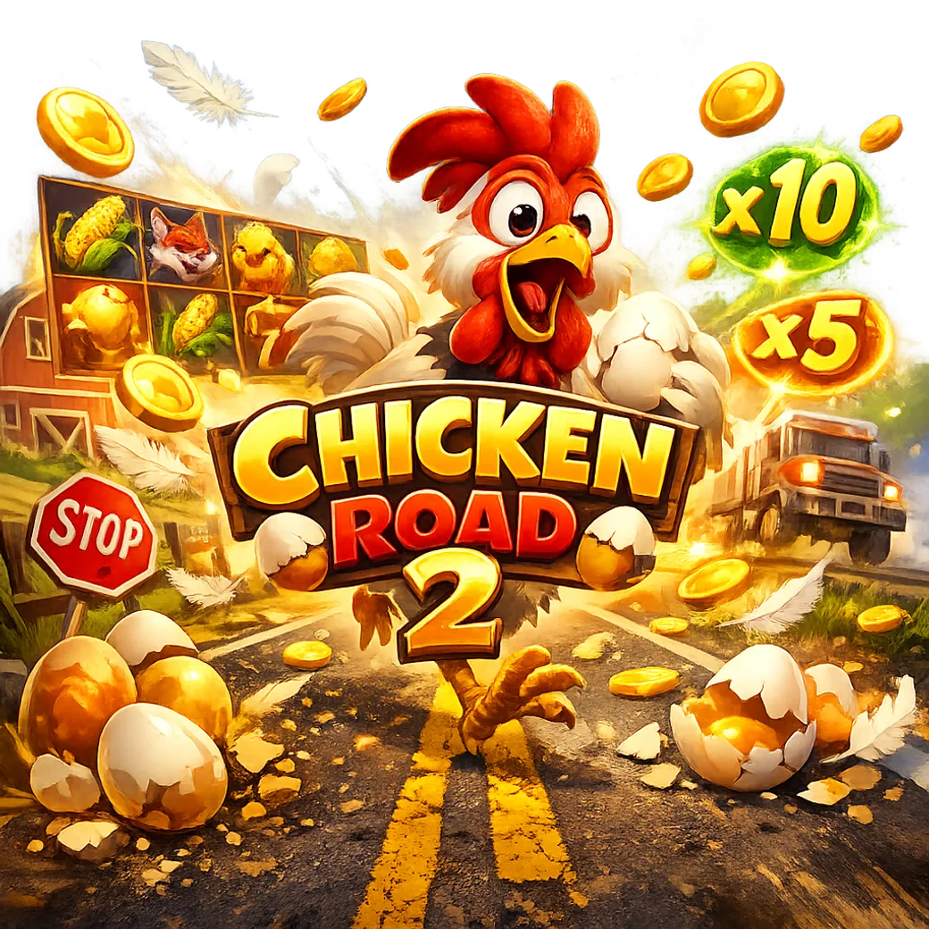 Promotional image for Chicken Road game featuring a funny chicken on road lanes, with bright colors and playful energy.