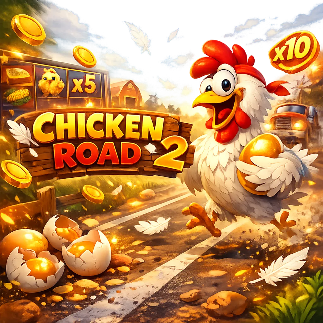 Promotional image for Chicken Road slot featuring a funny chicken, road lanes, and coins in bright crash-game style