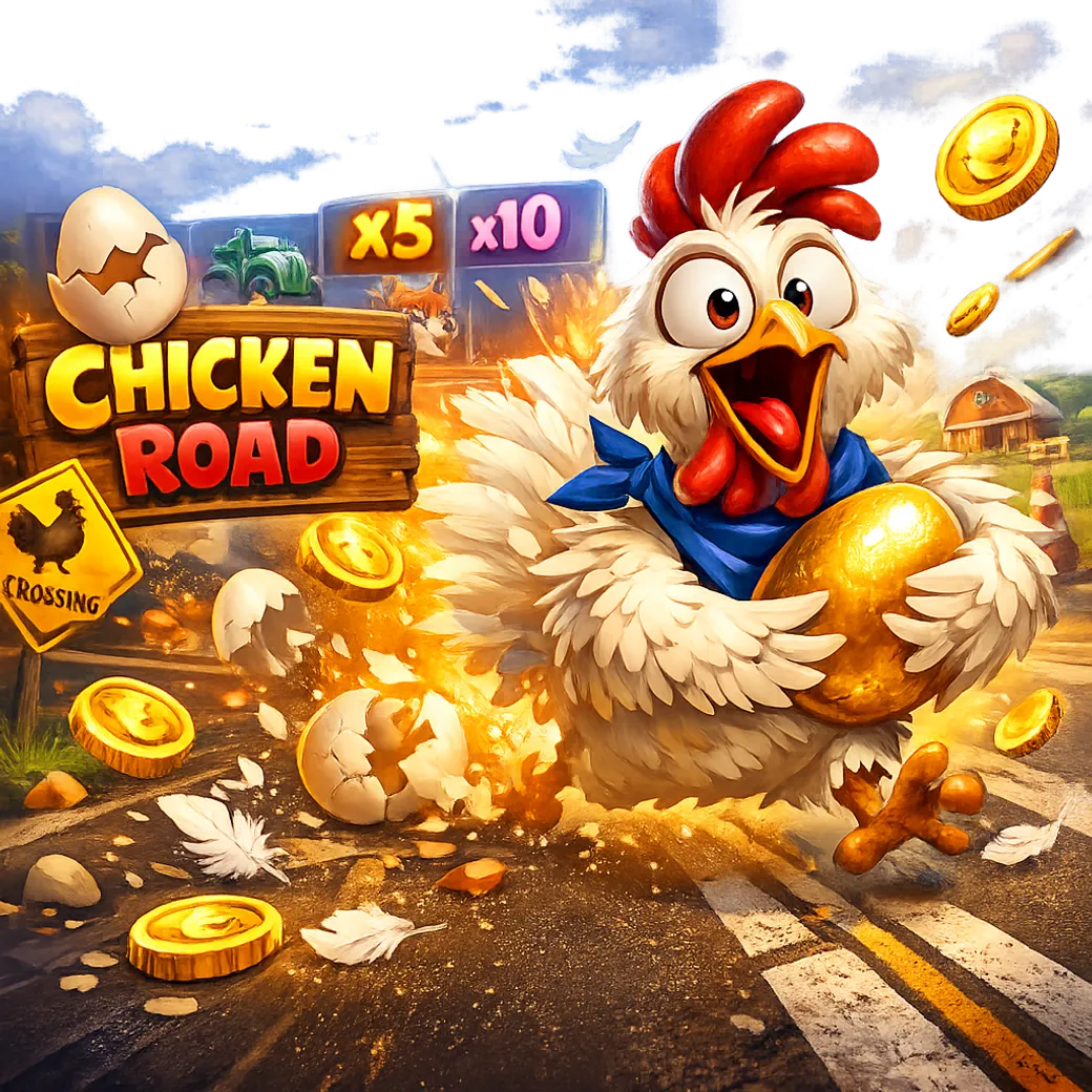 Dynamic promotional image for Chicken Road slot featuring a funny chicken, road lanes, and bright arcade effects